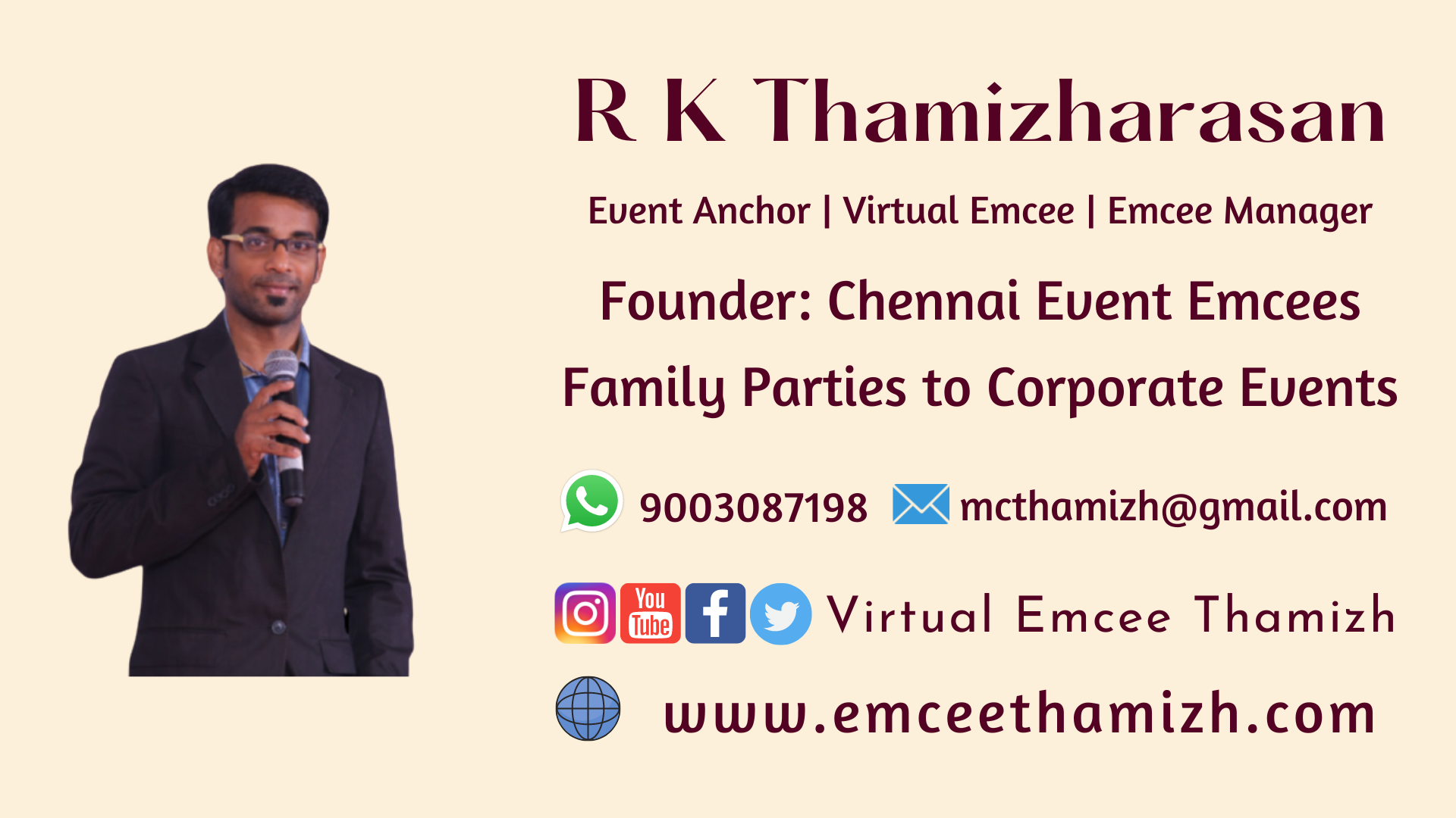 Chennai Male Emcee Thamizharasan Karunakaran Contact info