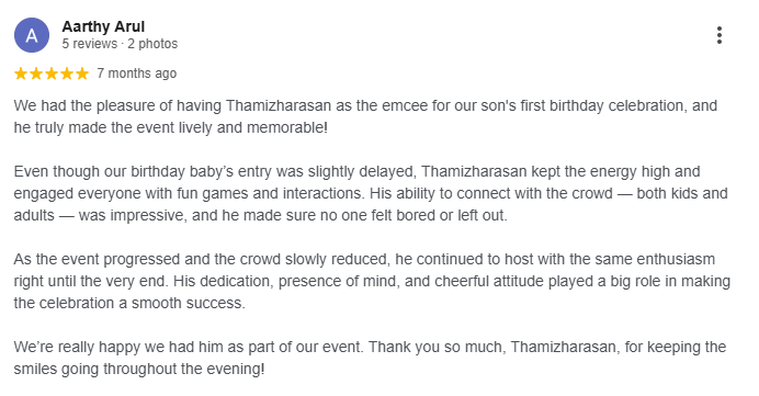 Mrs Arthi Testimonial about Emcee Thamizharasan